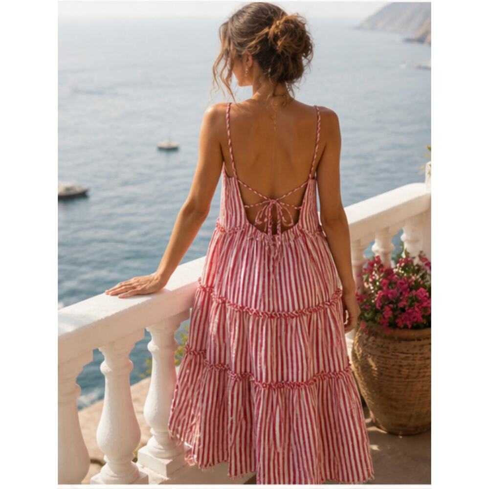 Cinq à Sept Avva Red Stripe Tiered Midi Dress Open Back Cotton Size 8
